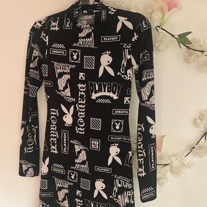 Black and White Graphic Long Sleeve Dress